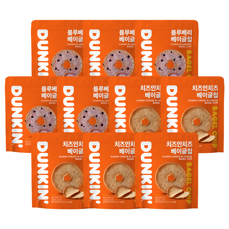 던킨도너츠 블루베리 베이글칩 5봉+치즈인치즈 베이글칩 5봉 (총 10봉)
